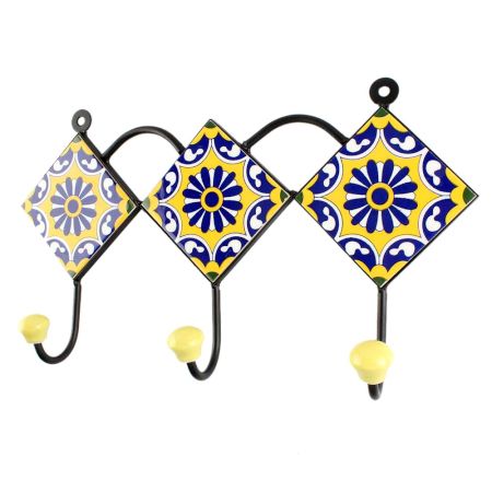 Yellow Base Navy Blue Wheel Flower Ceramic Tile Hook